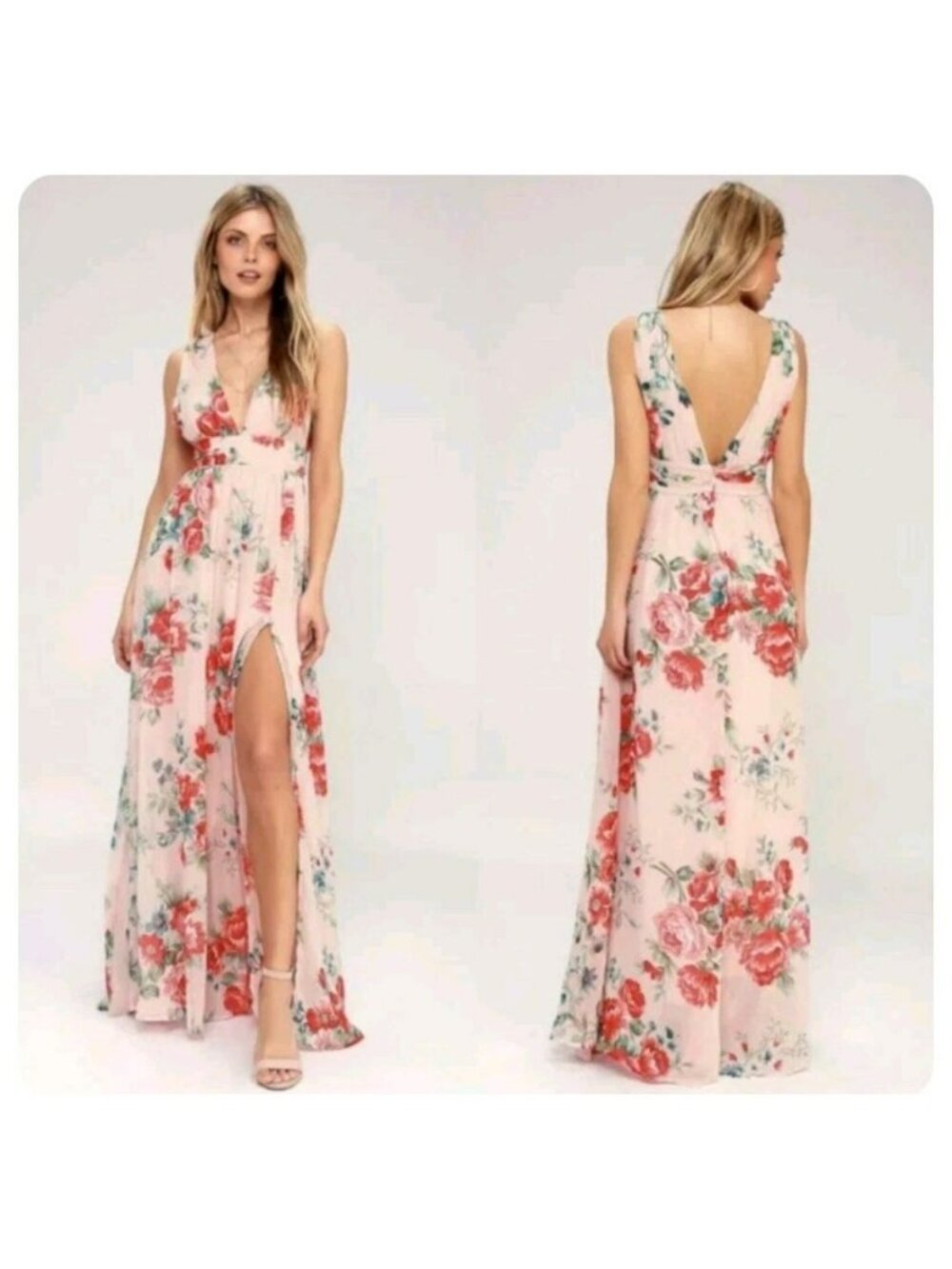 Lulus NWT Women's Garden Meandering Blush Floral Print Maxi dress blush pink